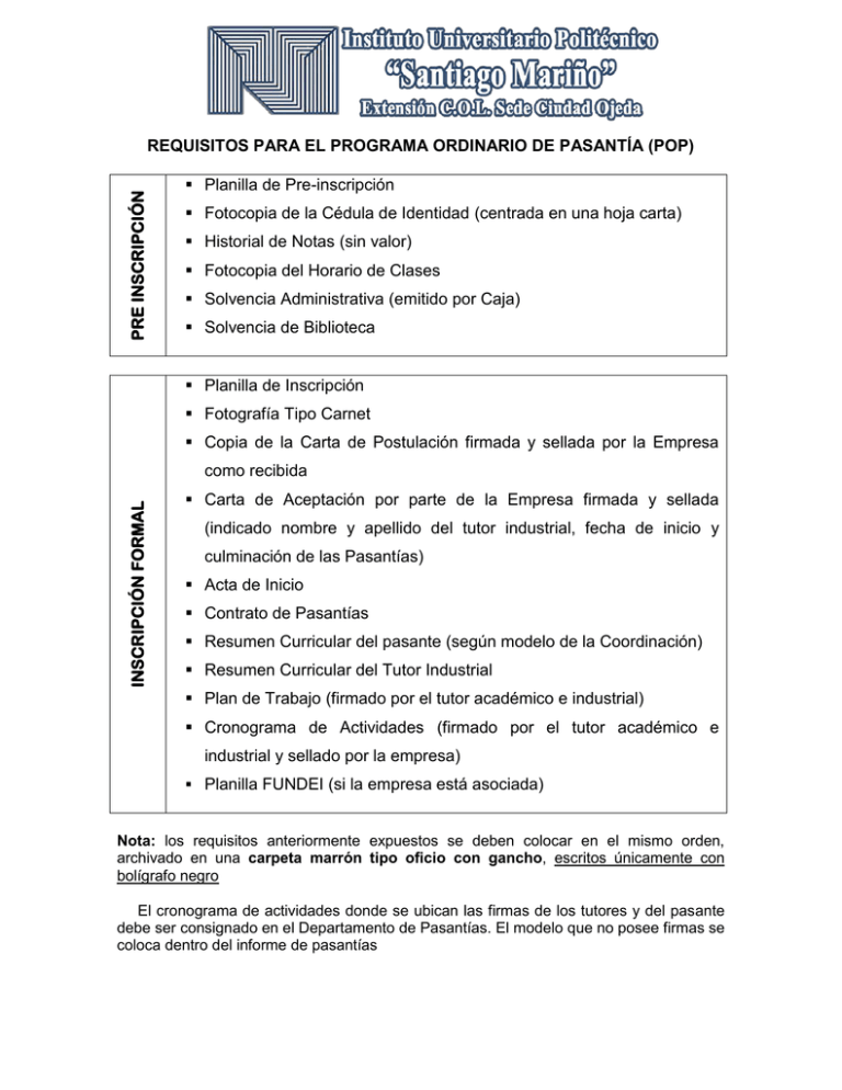 REQUISITOS PARA EL PROGRAMA ORDINARIO DE PASANTÍA