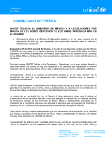 unicef felicita al gobierno de méxico y a legisladores por minuta de
