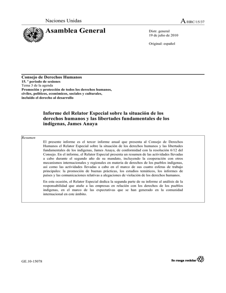 Informe Del Relator Especial Sobre La Situación De Los 3840