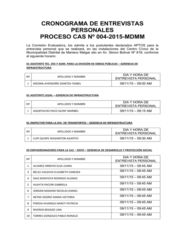Cronograma De Entrevistas Personales Del Proceso Cas N°001 0705