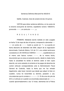 Sentencia Definitiva Mercantil No 400/2015 Saltillo, Coahuila, trece