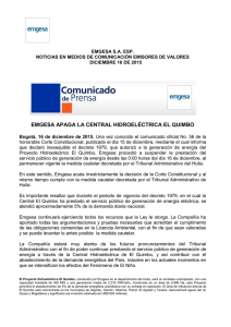 EMGESA APAGA LA CENTRAL HIDROELÉCTRICA EL QUIMBO