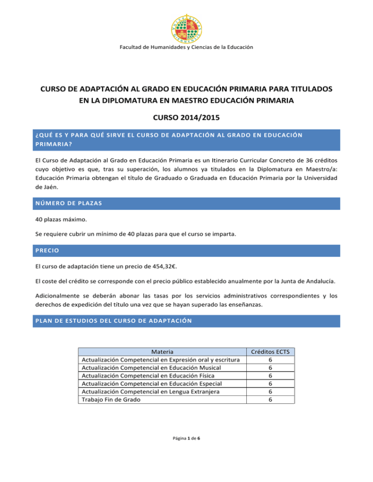 curso de adaptación al grado en educación primaria para titulados