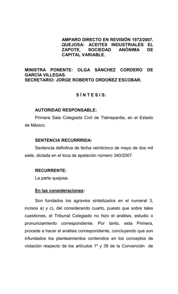 AMPARO DIRECTO EN REVISIÓN 1972/2007. QUEJOSA: ACEITES