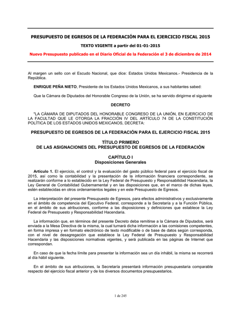 Presupuesto de Egresos de la Federación para el Ejercicio Fiscal