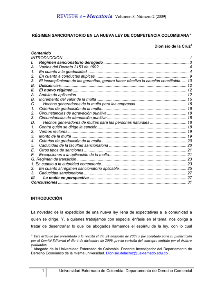 Regimen Sancionatorio En La Nueva Ley De Competencia Colombiana