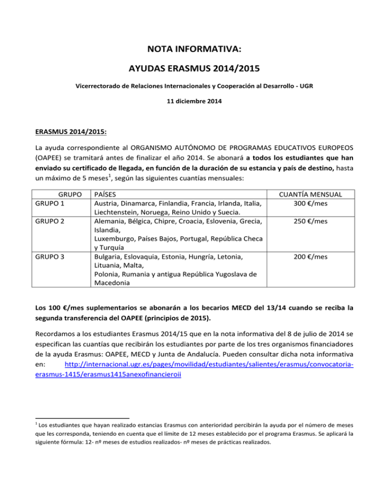 NOTA INFORMATIVA Pagos Erasmus 14 15
