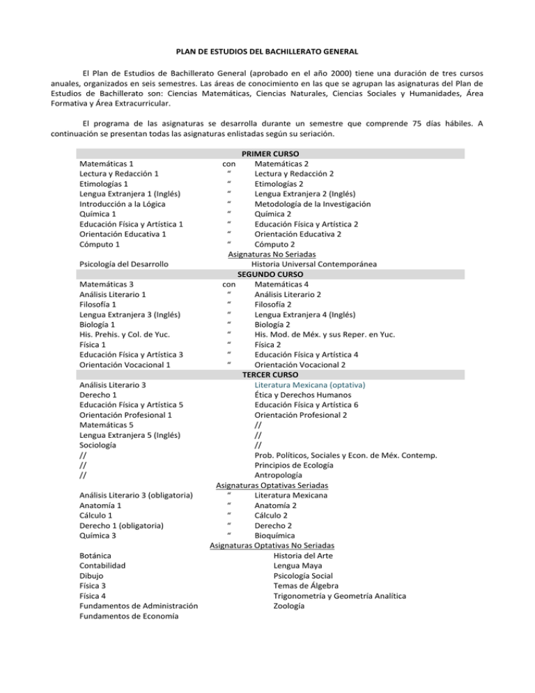 PLAN DE ESTUDIOS DEL BACHILLERATO GENERAL El Plan De