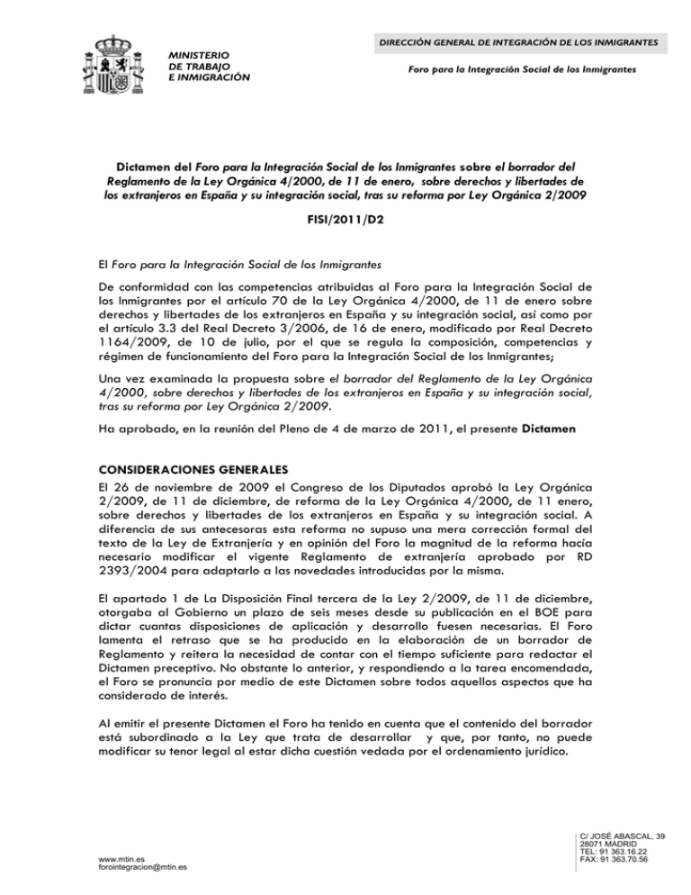 Dictamen Del Foro Para La Integraci n Social De Los