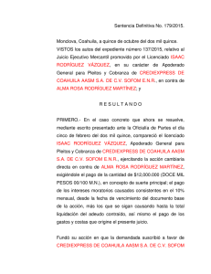 Sentencia Definitiva No. 179/2015. Monclova, Coahuila, a quince de