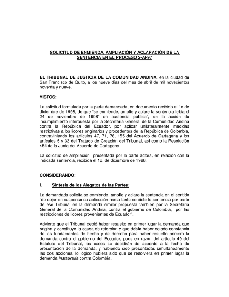 Solicitud De Enmienda, Ampliación Y Aclaración De La Sentencia En El