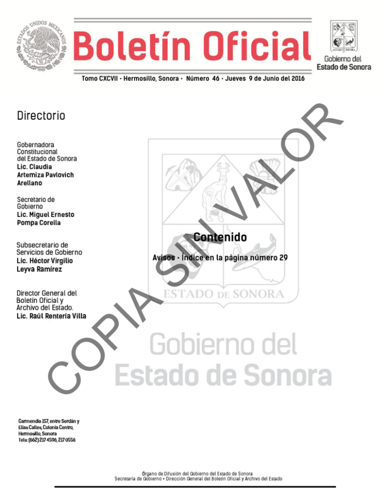 Contenido - Boletín Oficial - Gobierno Del Estado De Sonora