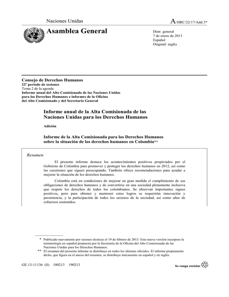 Informe De La Alta Comisionada Para Los Derechos Humanos Sobre