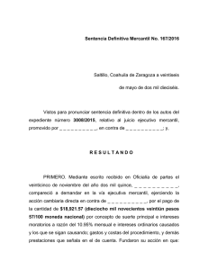 Sentencia Definitiva Mercantil No. 167/2016 Saltillo, Coahuila de
