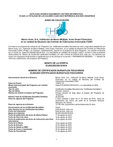 AVISO DE COLOCACIÓN Banco Invex, SA, Institución de