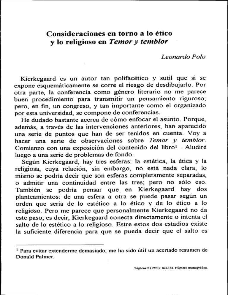 Consideraciones En Torno A Lo Etico Y Io Religioso