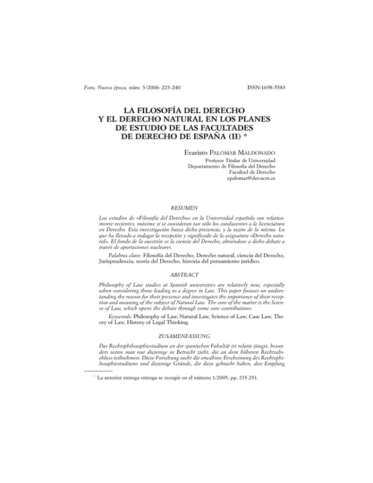 La Filosof a Del Derecho Y El Derecho Natural En Los Planes De Estudio