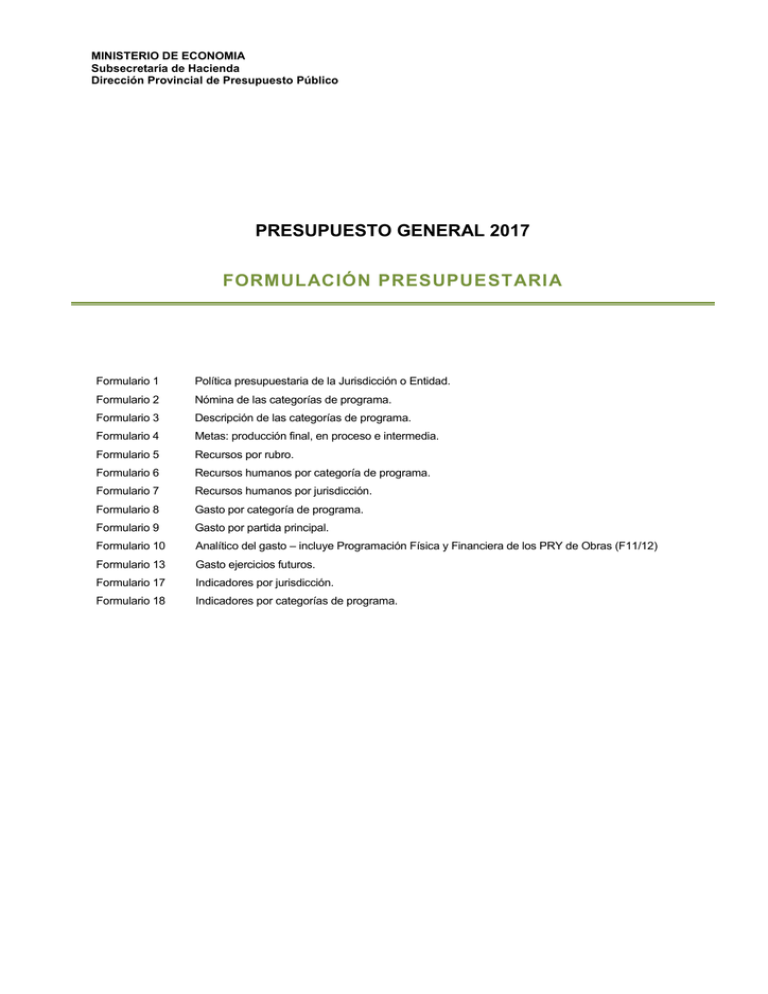 Instructivo Formulación Presupuestaria