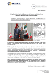 SMV y Comisión Nacional Bancaria y de Valores de México firman