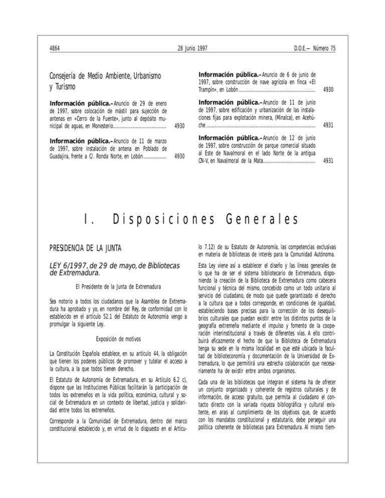 LEY 6 1997 De 29 De Mayo De Bibliotecas De Extremadura