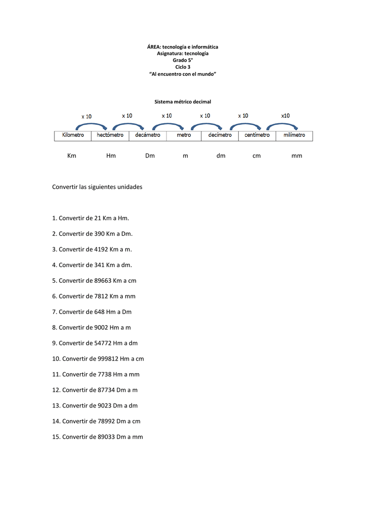 Km Hm Dm M Dm Cm Mm Convertir Las Siguientes Unidades 1