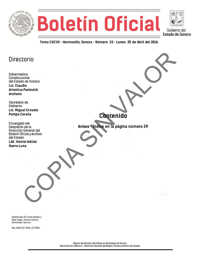 Contenido - Boletín Oficial - Gobierno Del Estado De Sonora