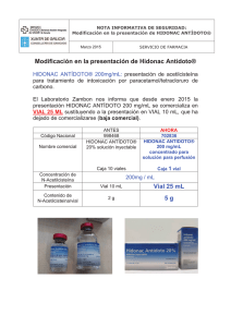 Modificación en la presentación de Hidonac Antídoto® Vial 25 mL 5 g