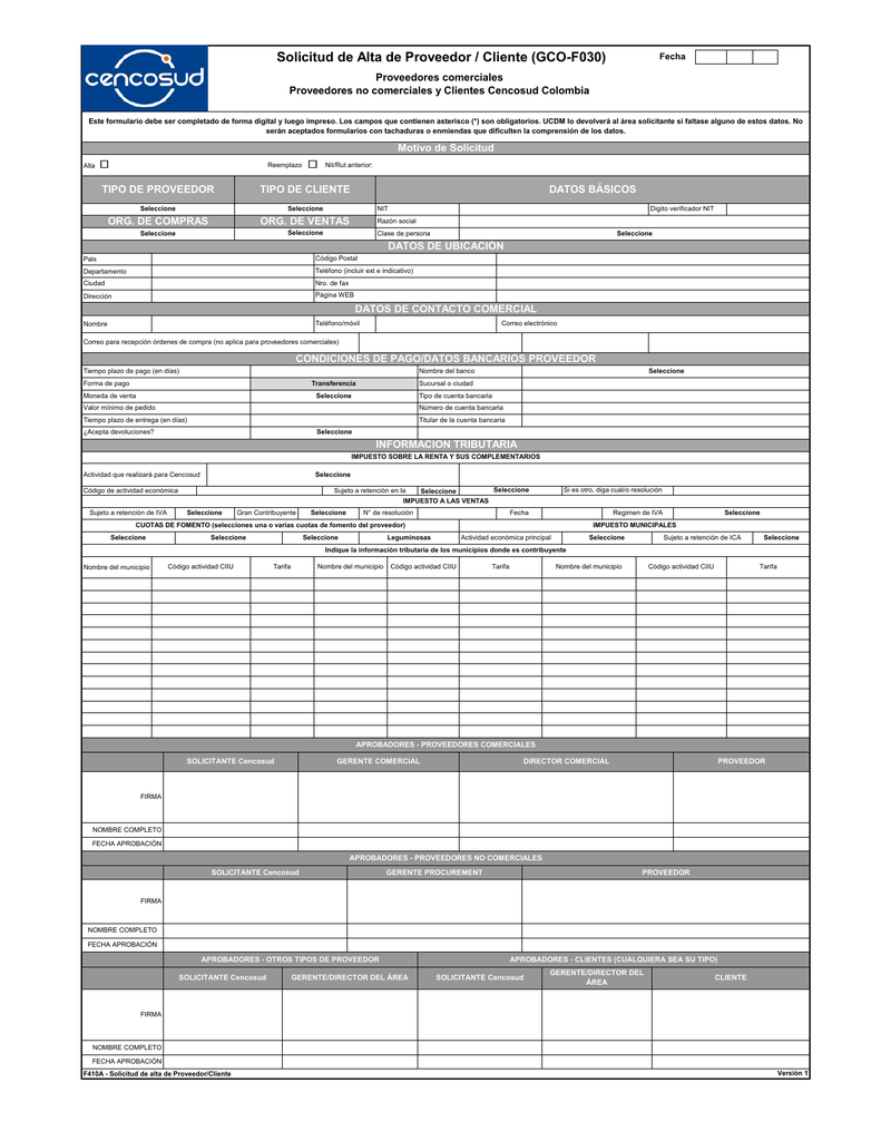 Solicitud de Alta de Proveedor / Cliente