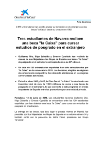 Tres estudiantes de Navarra reciben una beca ”la Caixa”