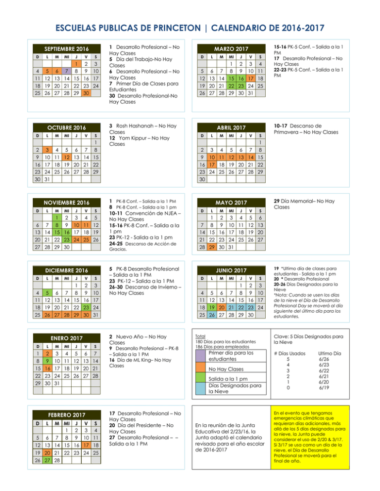 School Calendar Princeton Public Schools