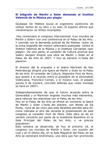 El biógrafo de Martín y Soler demanda al Institut Valencià de la