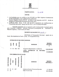 Decreto Alcaldicio 1709 Modificaci&oacute;n Presupuestaria 2012 Area