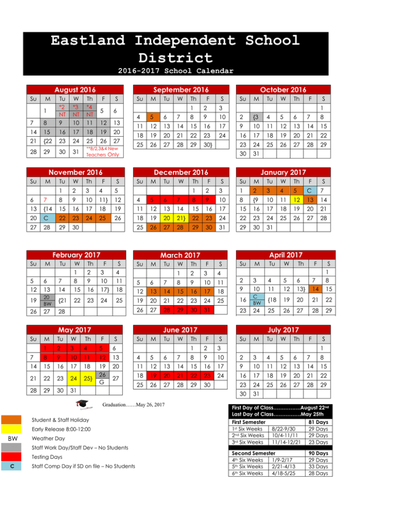 School Calendar Eastland Independent School District