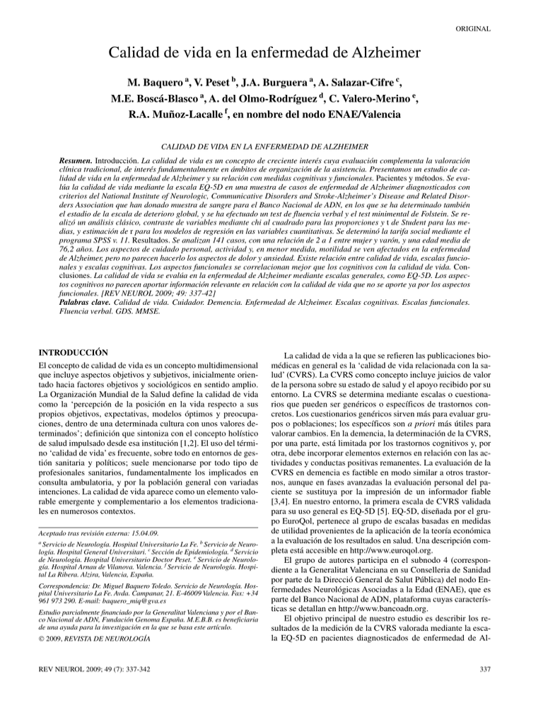 Calidad de vida en la enfermedad de Alzheimer