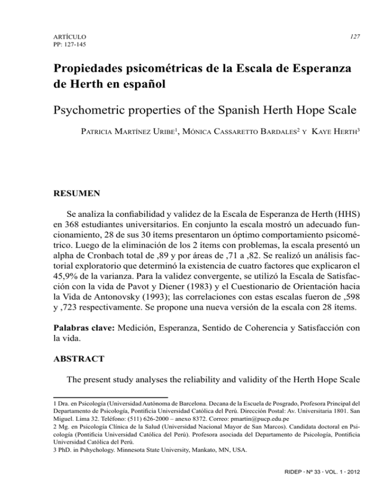 Propiedades Psicométricas De La Escala De Esperanza De Herth En