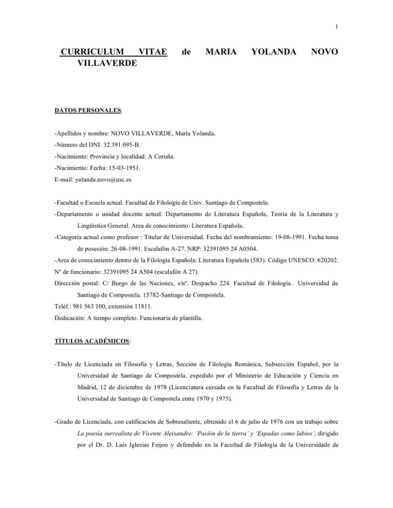 CURRICULUM VITAE de MARIA YOLANDA NOVO VILLAVERDE