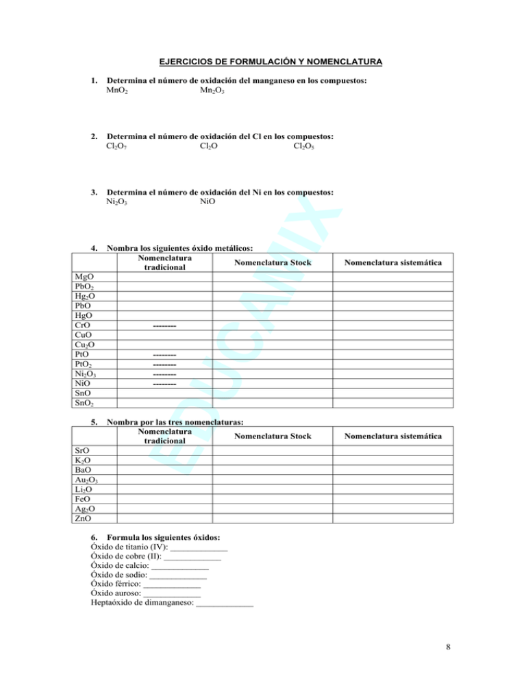 8 Ejercicios De FormulaciÓn Y Nomenclatura 1 0770