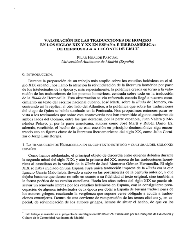 Valoraci~n De Las Traducciones De Homero En Los