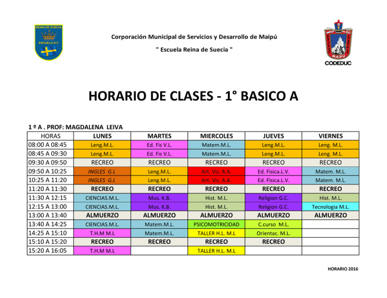 Horario De Clases - 1° Basico A