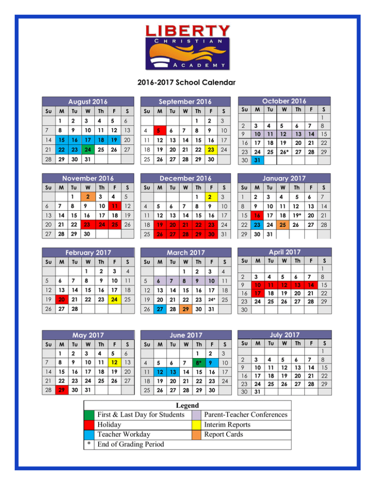 School Calendar Liberty Christian Academy