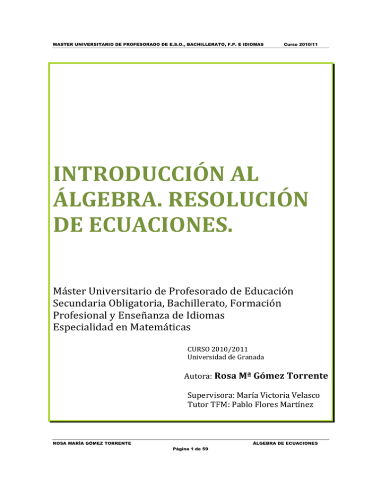 Introducción Al álgebra. Resolución De Ecuaciones.