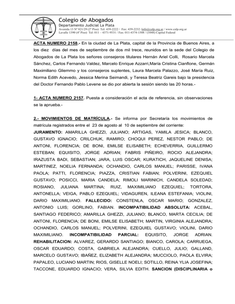 ACTA NUMERO 2158 - Colegio De Abogados De La Plata