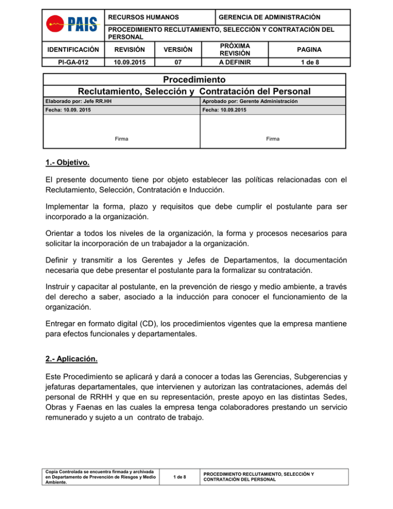 Procedimiento Reclutamiento, Selección Y Contratación Del Personal