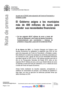 El Gobierno asigna a los municipios más de 400 millones de euros