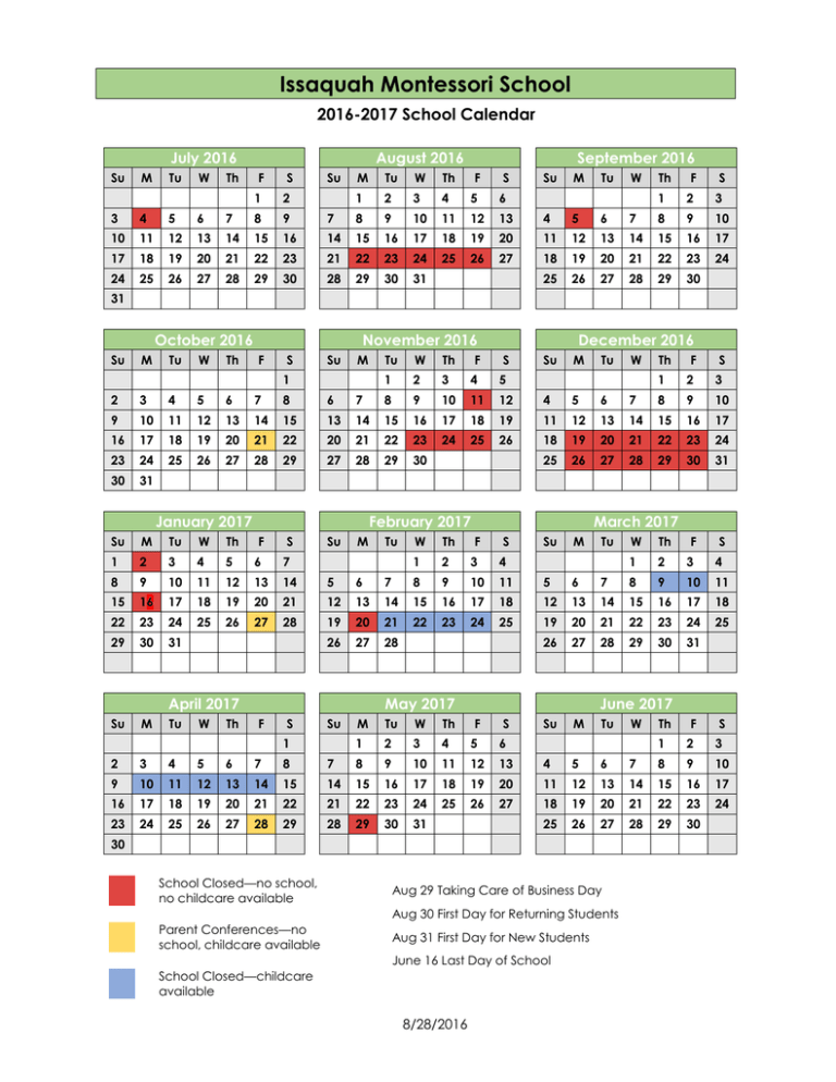 School Calendar - Issaquah Montessori