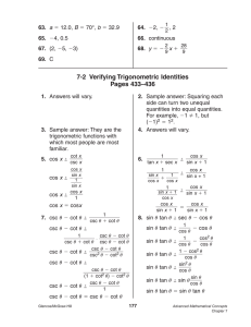 7-2 Verifying Trigonometric Identities Pages 433–436