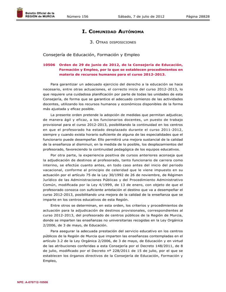 Orden de 29 de junio de 2012 Boletín Oficial de la Región de Murcia