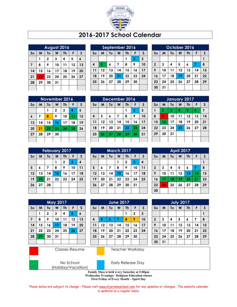 Calendar St. Jerome Catholic School