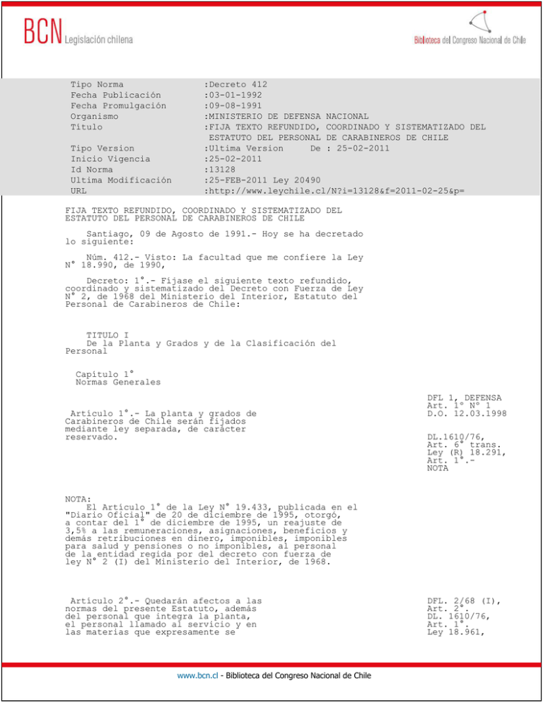 N° 2 Estatuto Del Personal De Carabineros De Chile 4986