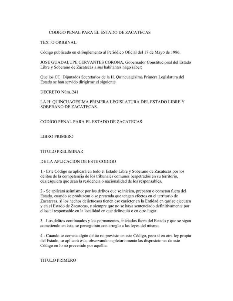 CODIGO PENAL PARA EL ESTADO DE ZACATECAS TEXTO